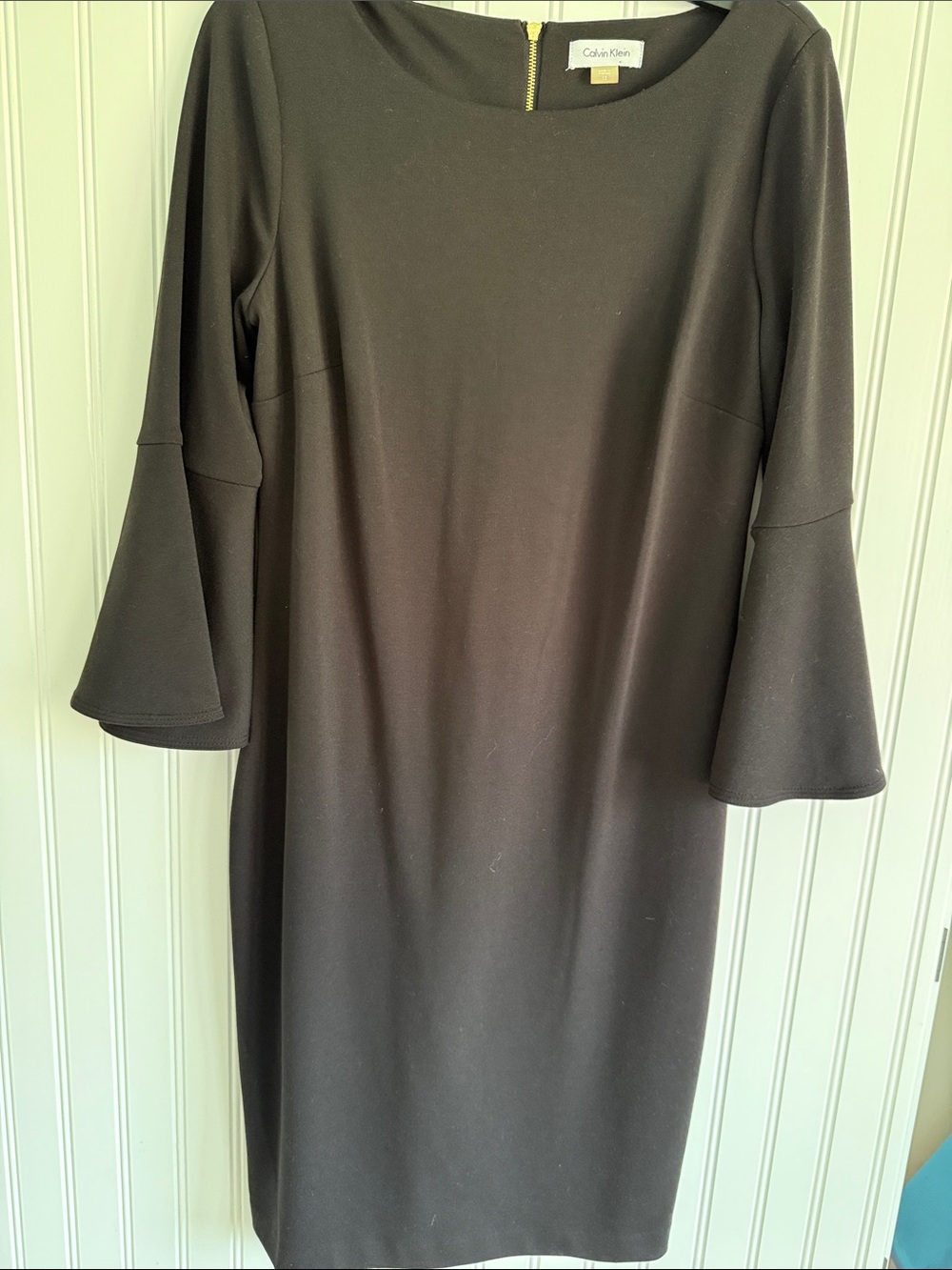 Calvin Klein Black Midi Sheath Dress with Bell Sleeves